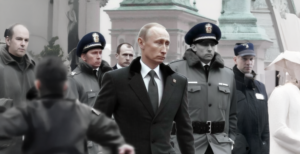 Vladimir Putin sourrounded by some agents and police men. AI generated