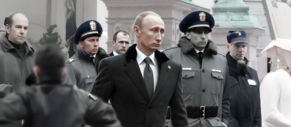 Vladimir Putin sourrounded by some agents and police men. AI generated